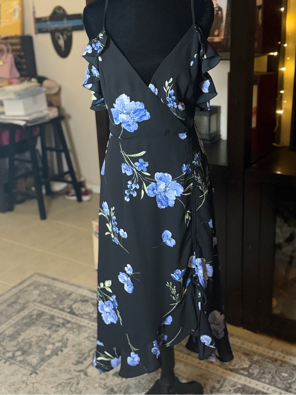Forever 21 Black Midi Wrap Dress with Blue Floral Print